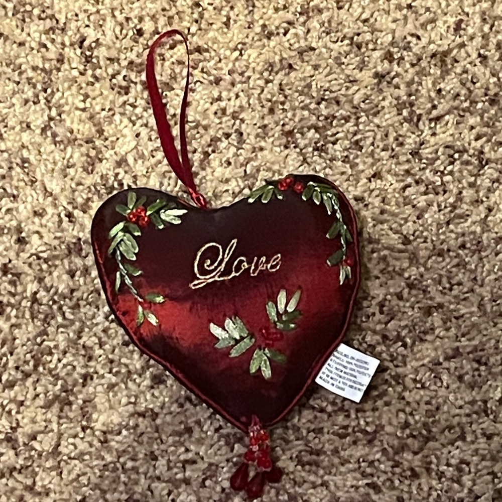 Red Heart Ornament with Love Embroidery
